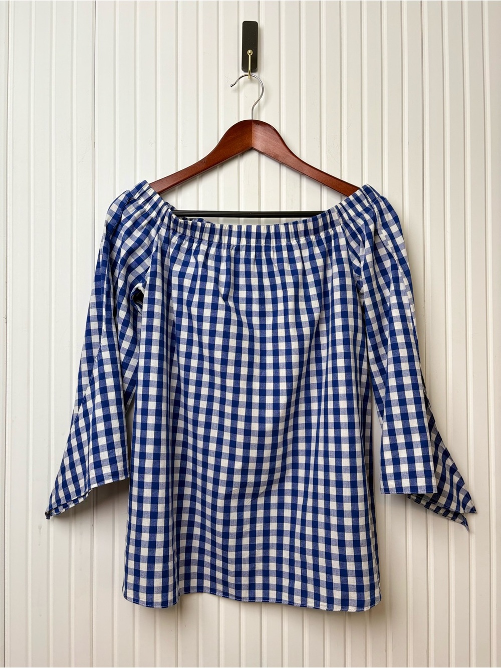 Do Be Woman's Gingham Top S Off Shoulder Bell Sleeve Beach Picnic Coastal Resort